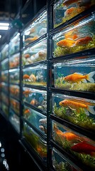 Rows of fish tanks, each containing goldfish and aquatic plants, create a visually appealing display