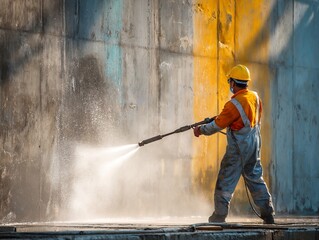 Worker Pressure Washing Concrete Wall