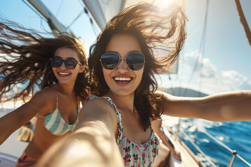 Two 20-year-old friends on a sailboat trip, taking a selfie, smiling and looking at the camera