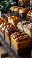 Rows of freshly baked bread loaves displayed in wooden boxes on a dark brown counter.  Various types and textures visible