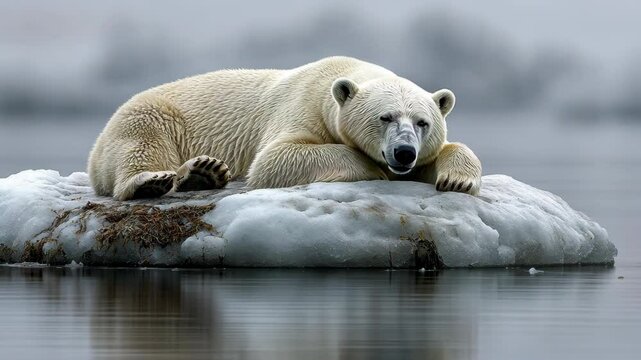 Polar Bear on Ice: A majestic polar bear rests on a small ice floe, its fur a brilliant white against the muted tones of the arctic landscape, conveying a sense of resilience and adaptation. 