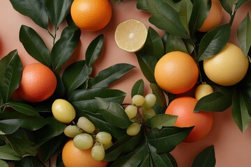 Vibrant citrus fruits arranged beautifully with green leaves on soft peach backdrop capturing summer's essence