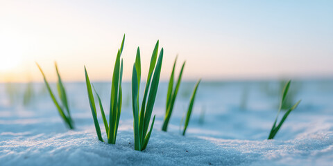Green grass blades emerge from a snowy surface under a clear sky during sunrise. Nature, contrast, growth, winter, and hope