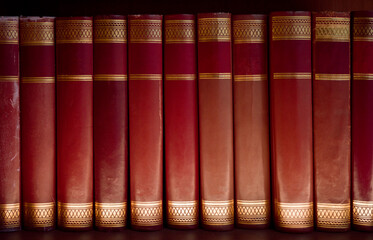 Old books on wooden shelf, stack leather bound books with golden decoration background
