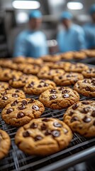 Rows of freshly baked chocolate chip cookies cooling on a wire rack in a commercial kitchen.  Blurred bakers are visible in the background