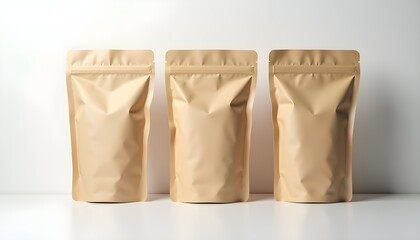 Three blank brown paper stand up pouches on a plain white surface