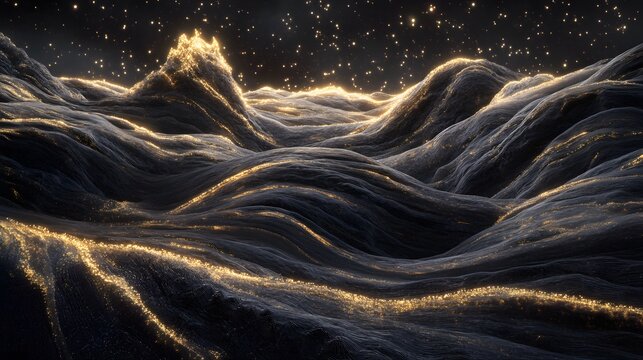 Glowing Gold Dust on Dark Rolling Hills Abstract Landscape