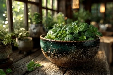 Fresh Herbs in a Ceramic Bowl on a Rustic Wooden Table with Natural Light