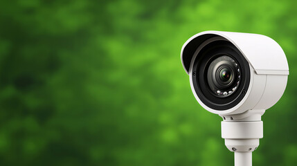 A white security camera observes against a blurred vibrant green background with copy space available.