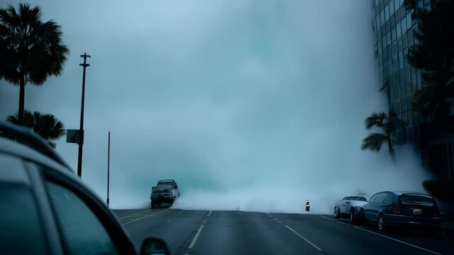 A massive tsunami is approaching a city street, creating a dangerous scene