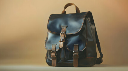 Elegant vintage leather backpack showcased on a warm toned backdrop, close-up