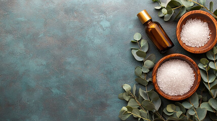 Aromatherapy oil bottle and bath salts with eucalyptus leaves on rustic teal textured surface.