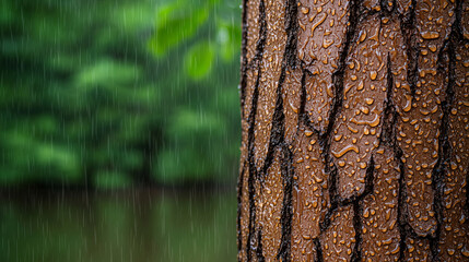 Raindrops cling to the textured bark of a tree du a wet day in a vibrant green forest setting.