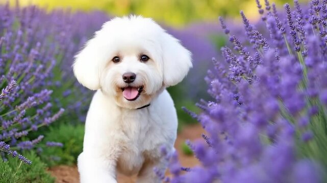 White fluffy pup walking along the row of blooming lavender meadow  