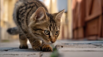Curious kitten exploring an urban alleyway with intense focus