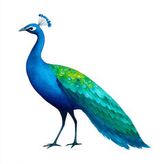 Obraz premium An elegant peacock with vibrant blue and green plumage stands gracefully on a white backdrop.