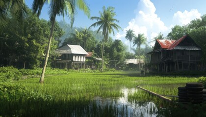 Fototapeta premium VILLAGE TROPICAL, MAISONS SUR PILOTIS, RIZIÈRE