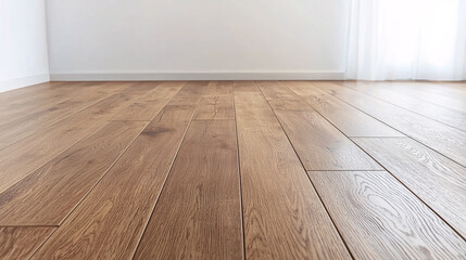 A bright room features oak wood floo with a simple white wall and soft natural sunlight.