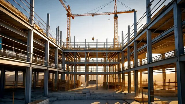 Modern Building Construction Site with Steel Framework and Cranes During Sunset Light