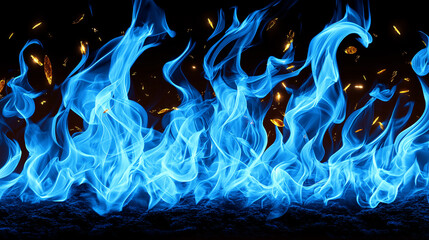 Intense blue flames dance and flicker dramatically against a dark background with bright sparks flying.