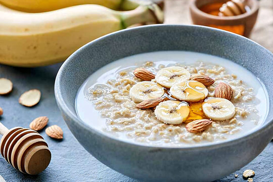Creamy oatmeal breakfast bowl with banana slices, almonds, and drizzle of honey is nutritious meal