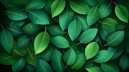 Fototapeta premium A lush arrangement of vibrant green leaves displays fresh raindrops in an artistic presentation.