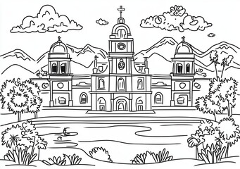 Fototapeta premium ILLUSTRATION EN NOIR ET BLANC D'UN GRAND BÂTIMENT RELIGIEUX DANS UN PAYSAGE MONTAGNEUX