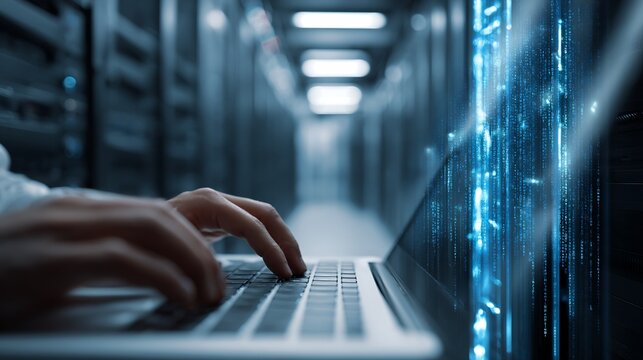 Person Using Laptop in Server Room with Digital Code Display