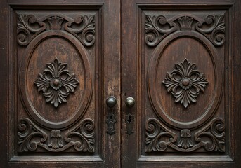 Symmetrical shot of an old wooden door with ornate carvings