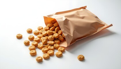 A brown paper bag filled with small, round, golden-brown cereal balls spilling out onto a light-colored surface