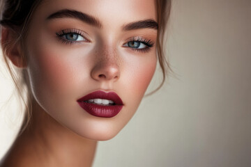 Fototapeta premium Beautiful woman showing flawless skin and burgundy lipstick makeup