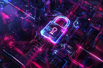 Neon Padlock: A digital padlock with a circuit board and neon lights. Security technology is represented by padlock and circuit board.