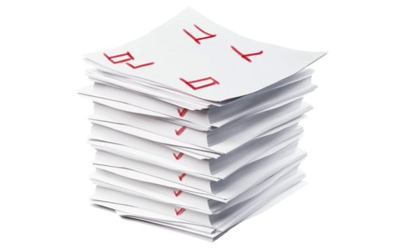 Piled academic test sheets featuring red marks and checkmarks indicating grading and feedback isolated on white background PNG