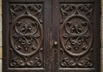 Symmetrical shot of an old wooden door with ornate carvings