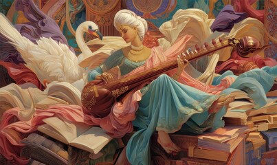 Fototapeta premium CYGNES, MUSIQUE ET LIVRES