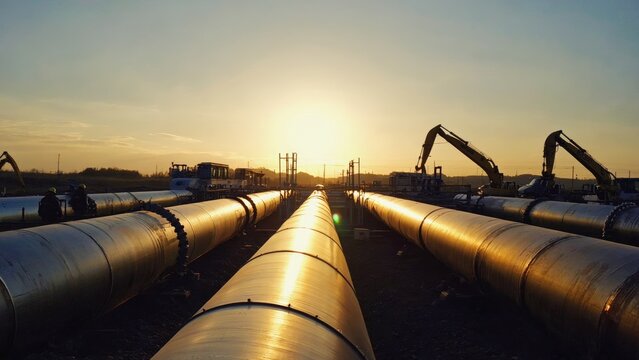 Large oil and gas pipelines stretching toward the horizon at sunset with heavy machinery in operation, highlighting the scale of industrial energy infrastructure and pipeline construction projects.