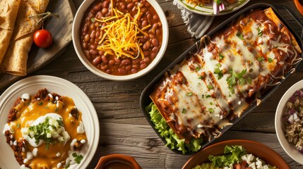 Savor the rich flavors of enchiladas paired with creamy refried beans against a vivid backdrop. Delight in every bite