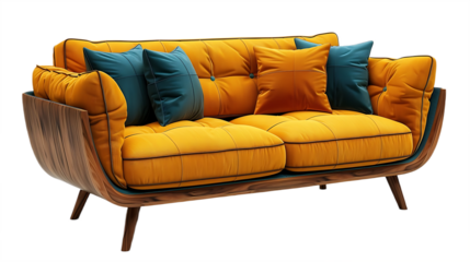 Mid Century Yellow Sofa With Cushion Set Isolated on Transparent Background