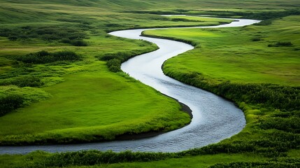 Winding river meanders through lush green landscape.