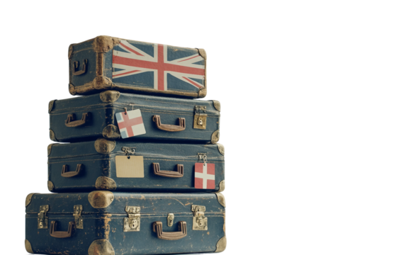 Collection of old-fashioned suitcases with colorful national flag designs stacked for travel nostalgia isolated on white background PNG - Powered by Adobe