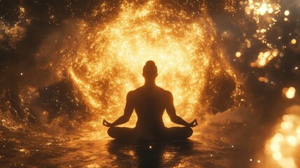 A peaceful figure meditating in front of a cosmic explosion of light and energy, representing inner strength and serenity.