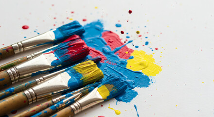 Fototapeta premium Close-up of paintbrushes with colorful paint on a white surface, creating art.