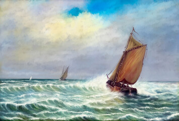 Old sailing boat in the sea. The fishing old ship, the fishermen go the catch of fish, Illustration painted by the artist