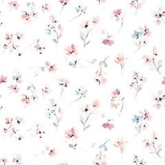 Seamless pattern of small pastel flower motifs painted in watercolor with tender romantic shades on a light ground