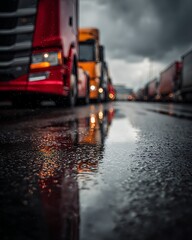 Semi-Trucks Parked on Wet Roadway