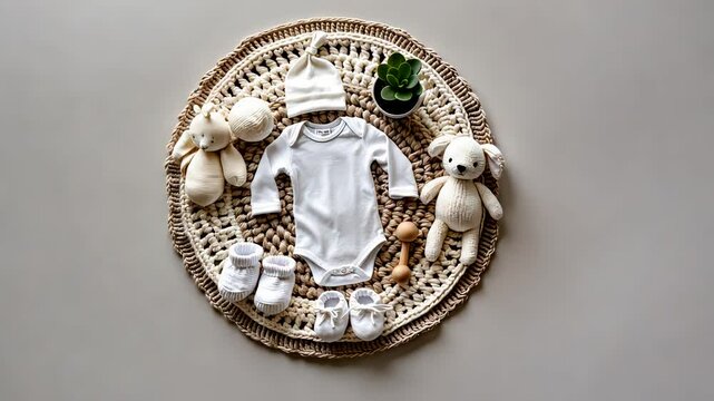 Flat Lay of Newborn Baby Clothes and Toys on Beige Background with Soft Natural Lighting