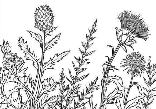 ILLUSTRATION BOTANIQUE DE CHARDONS ET D'HERBES SAUVAGES
