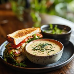 Hearty sandwich and creamy soup combo