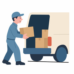 A delivery person carrying a box to a van, illustrating logistics and transportation.
