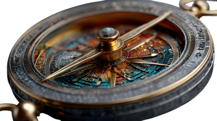 A glowing 3D compass icon with holographic textures, symbolizing exploration and direction, set against white --ar 16:9 --v 7.0 --s 750